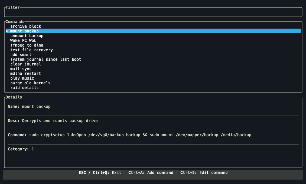 Screenshot of bash-commander main interface